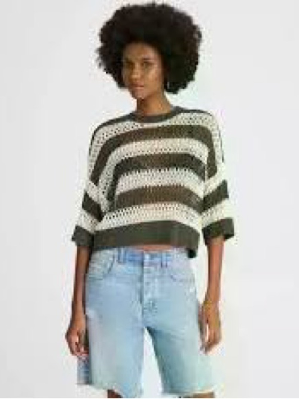 Madewell Gray and Cream Open-Knit Crewneck Sweater